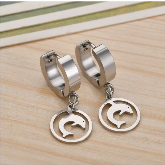 Hypoallergenic Stainless Steel Dolphin Huggy Hoop Earrings NEW - Picture 5 of 5